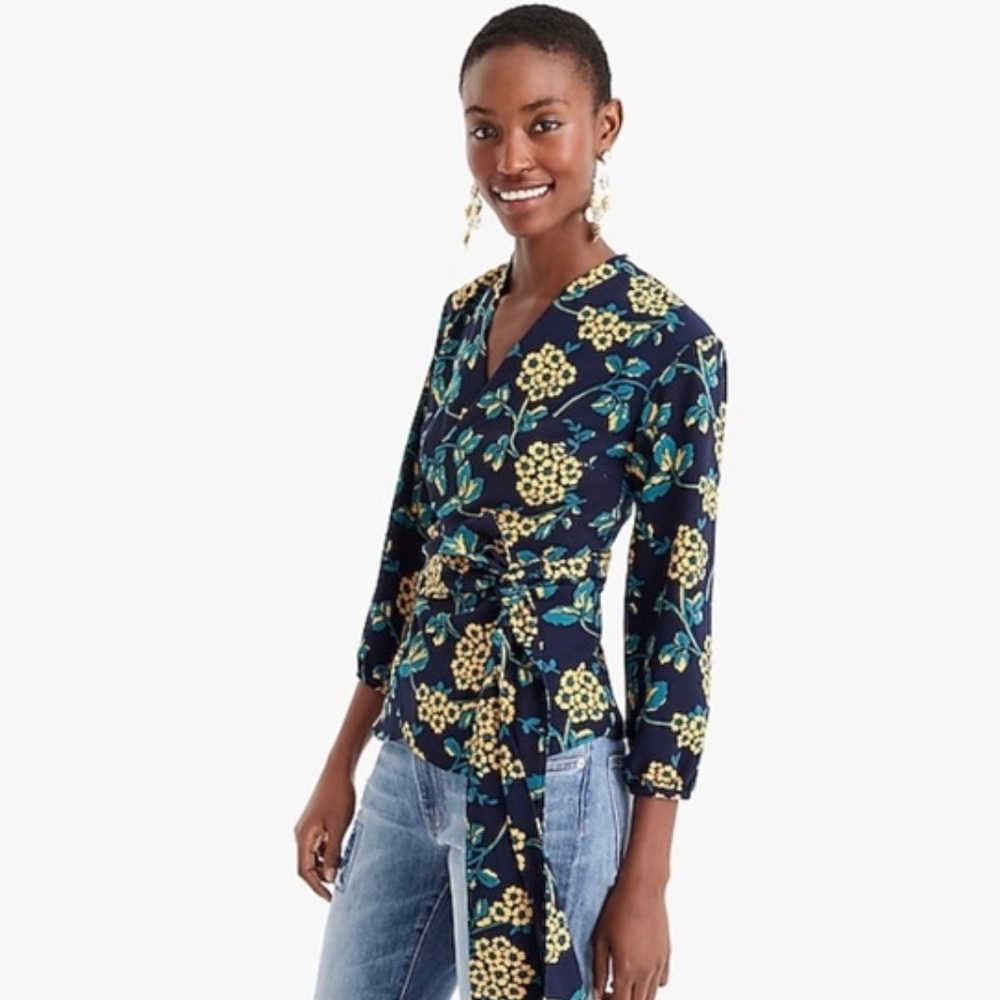 J. Crew Blue and Yellow Floral Wrap Blouse Sz S
